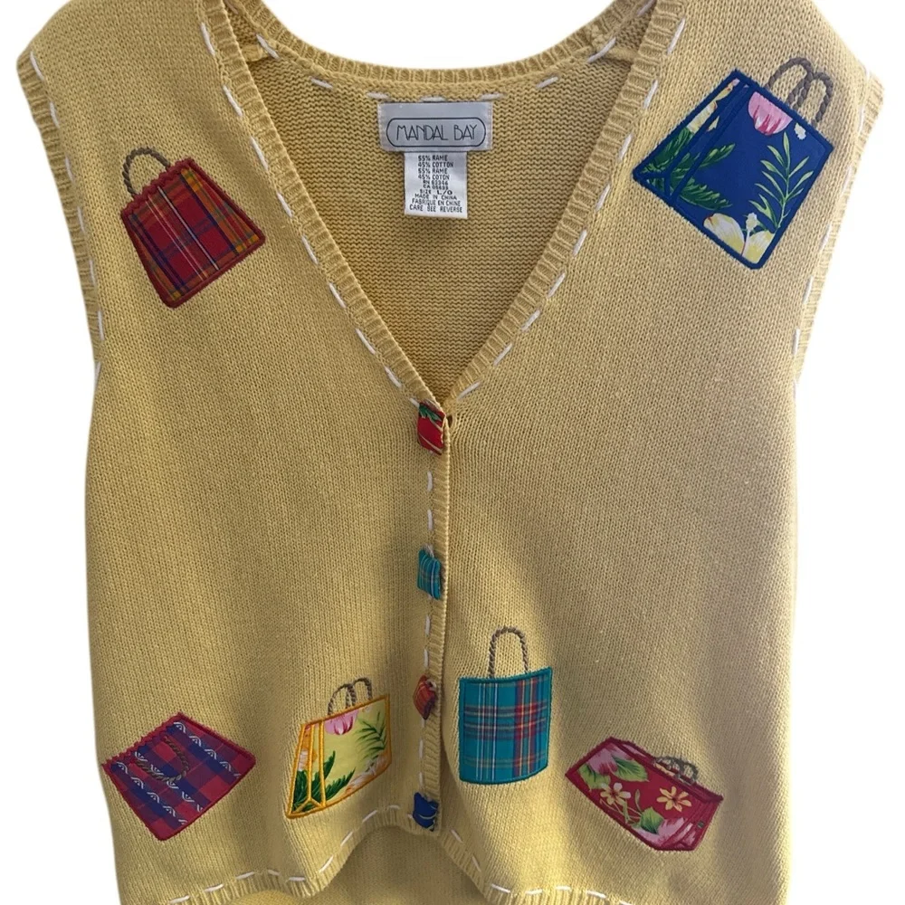 Vintage Mandal Bay Yellow‎ Embroidered Purses Cardigan Sweater Vest Size Large